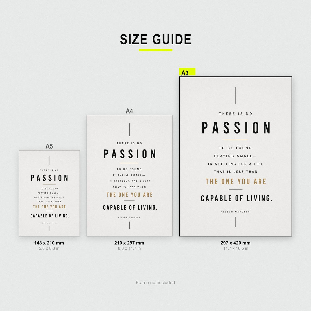 Nelson Mandela Quote Print size guide showing A3, A4 and A5
