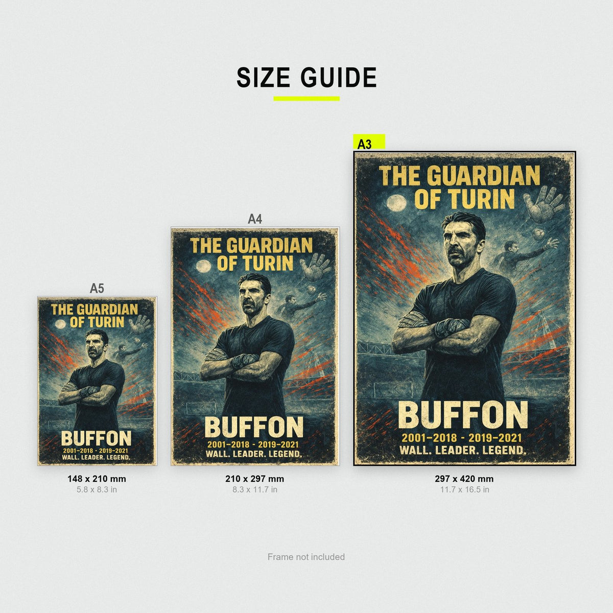 Gianluigi Buffon Vintage Football Print size guide showing A3, A4 and A5