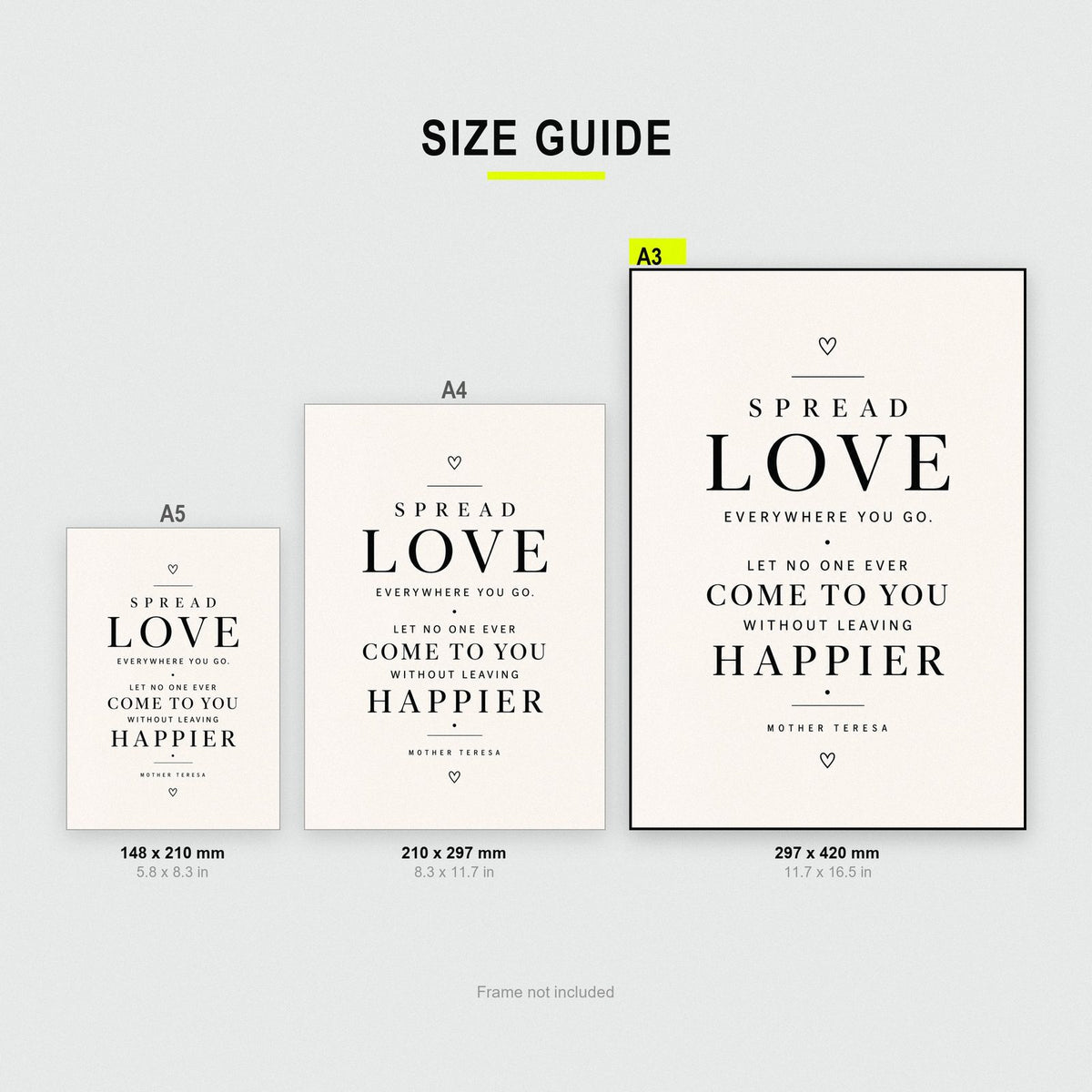 Mother Teresa Quote Print size guide showing A3, A4 and A5