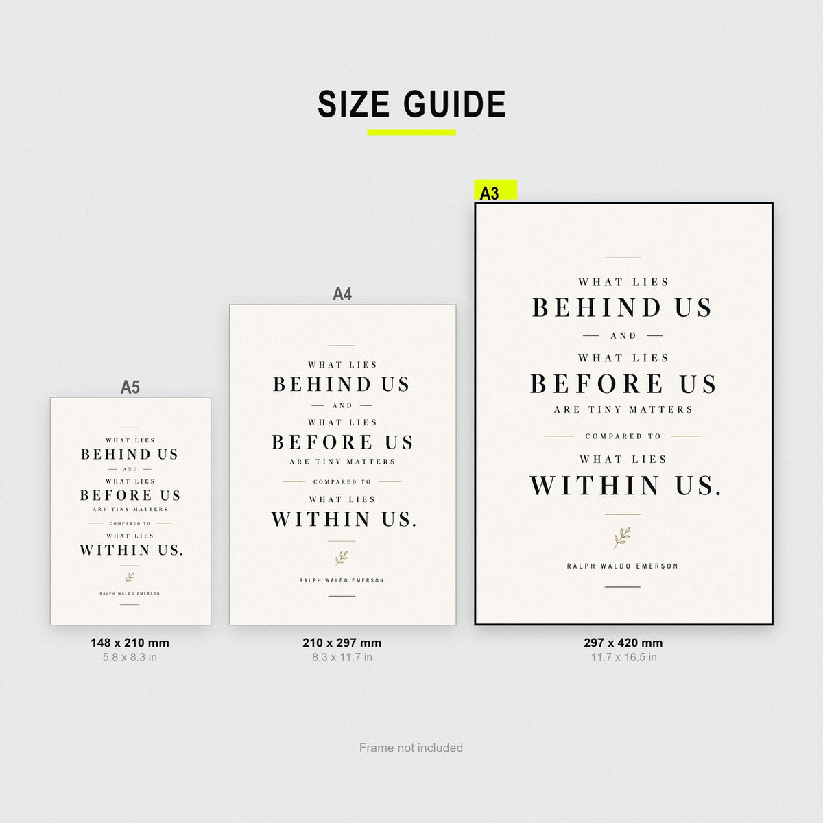 Ralph Waldo Emerson Quote Print size guide showing A3, A4 and A5
