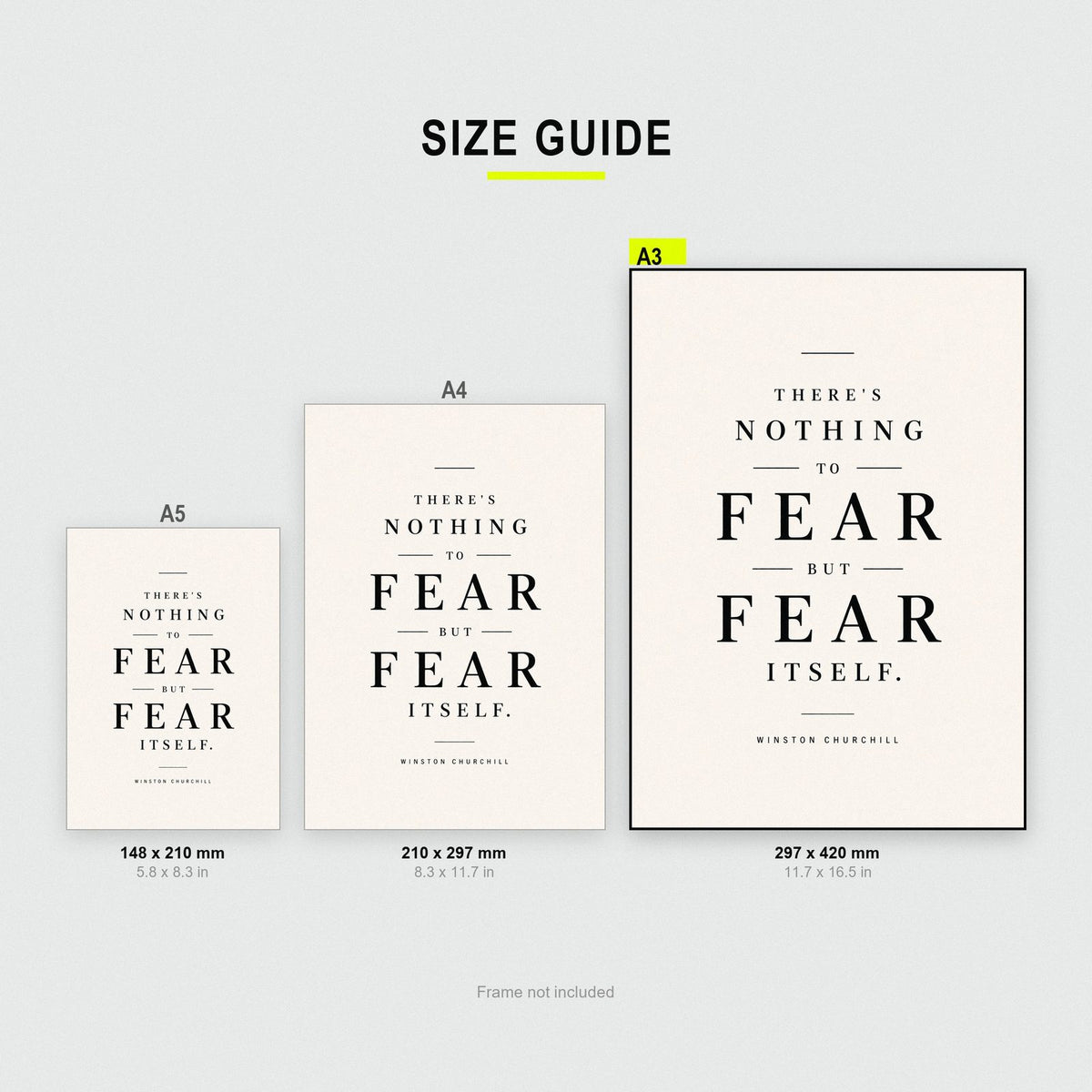Winston Churchill Quote Print size guide showing A3, A4 and A5
