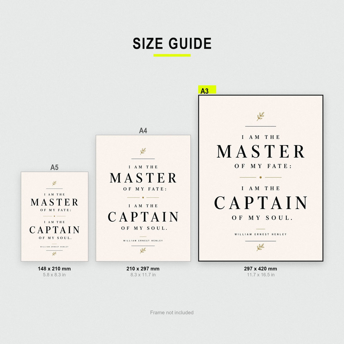 Invictus Quote Print size guide showing A3, A4 and A5