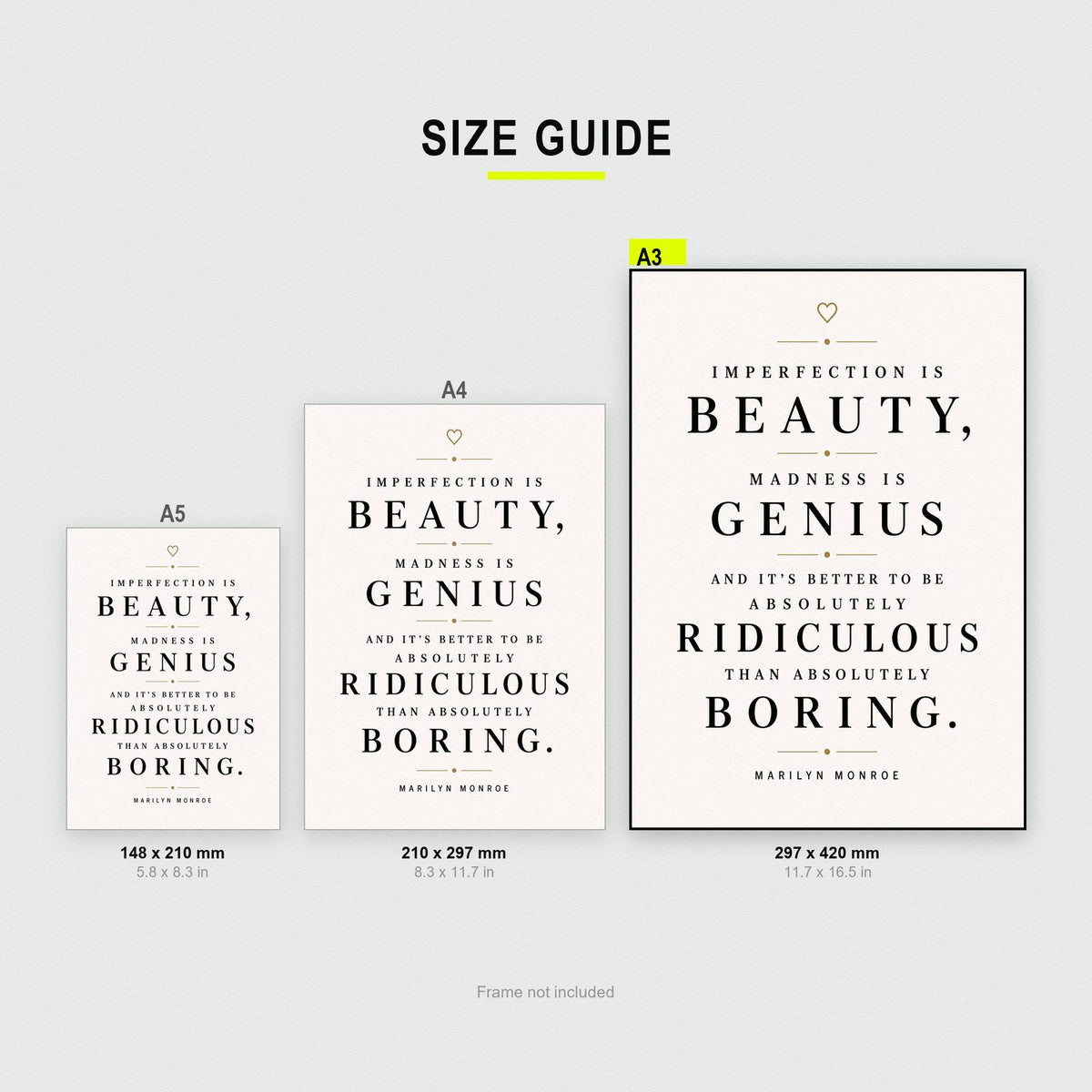 Marilyn Monroe Quote Print size guide showing A3, A4 and A5