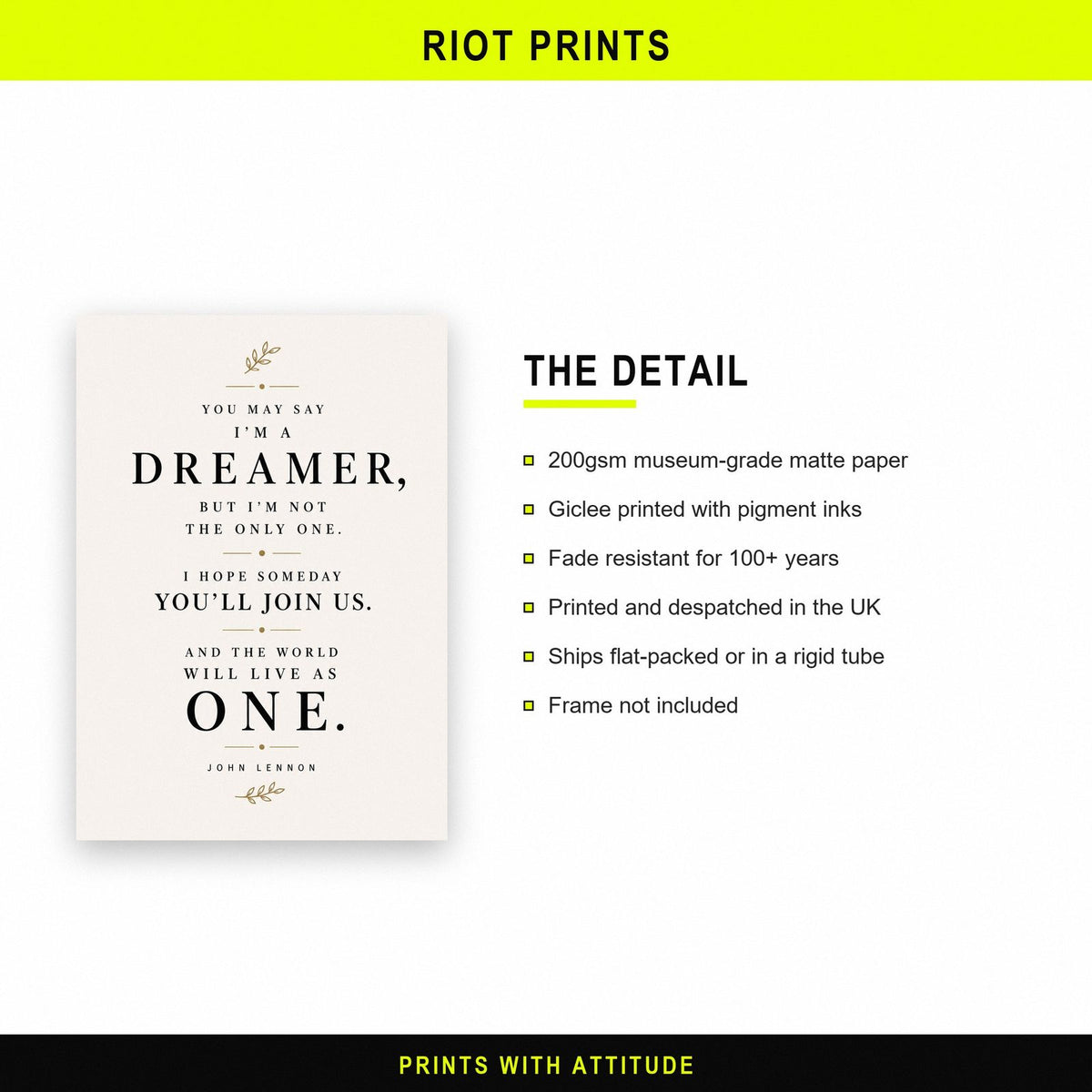 John Lennon Dreamer Quote Print paper and printing specification