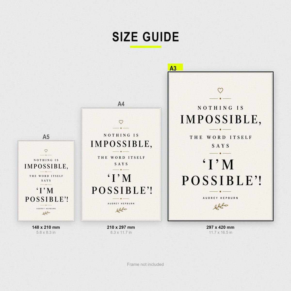 Audrey Hepburn Quote Print size guide showing A3, A4 and A5