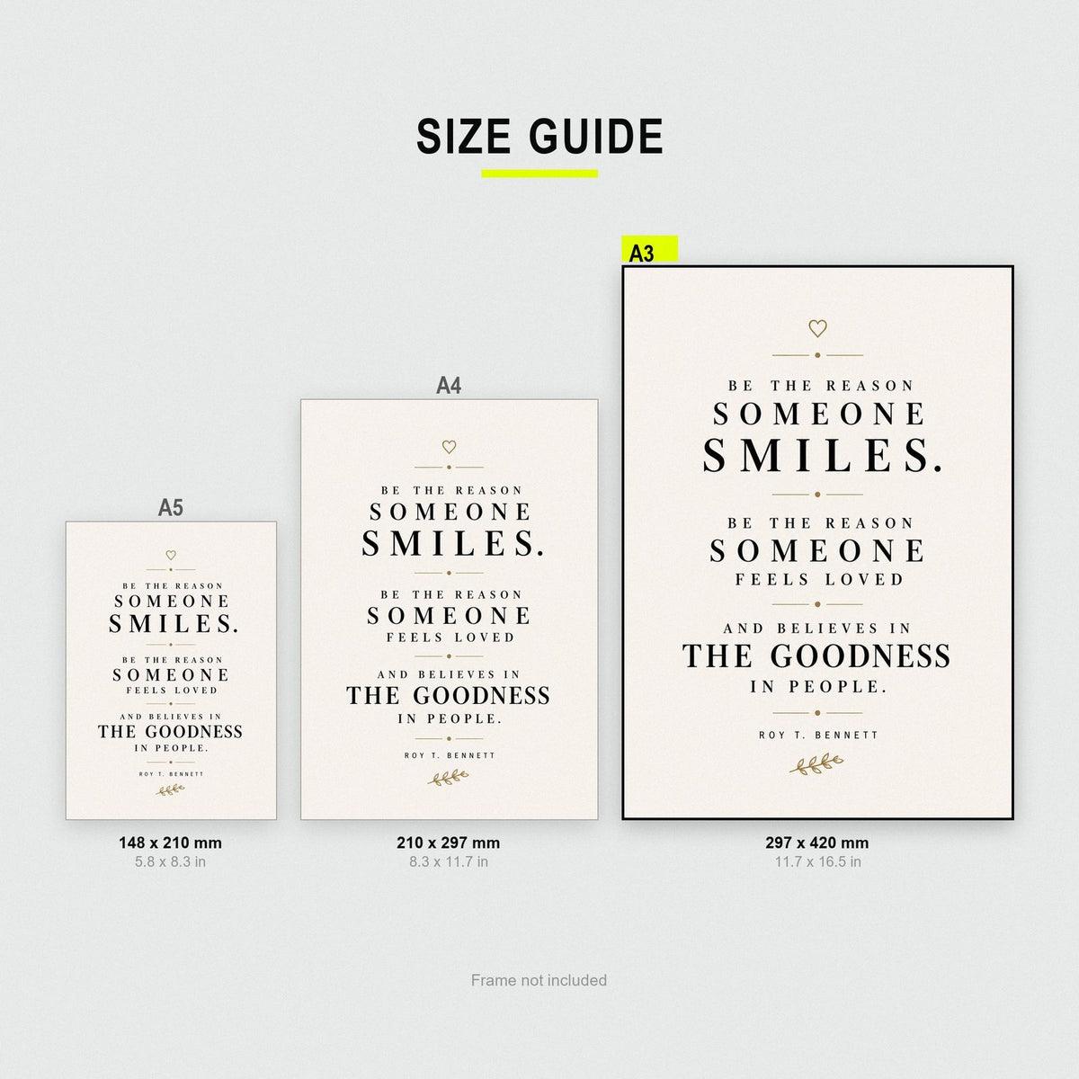 Roy T Bennett Quote Print size guide showing A3, A4 and A5