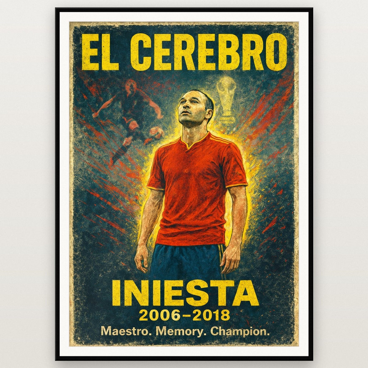 Andrés Iniesta Vintage Football Art Print shown in a black frame