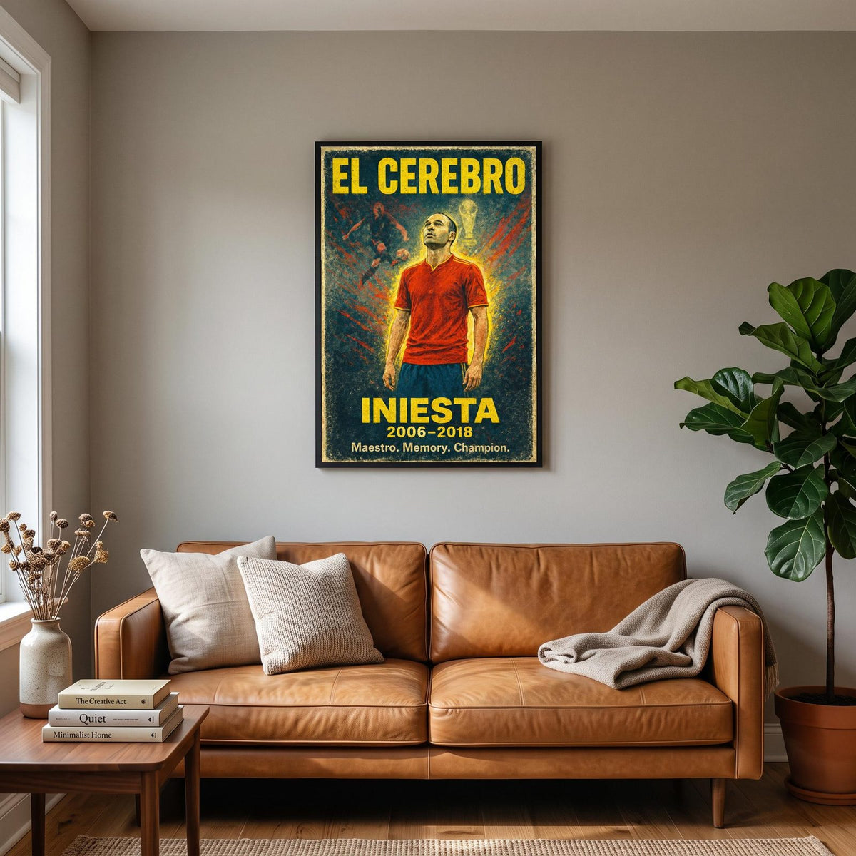 Andrés Iniesta Vintage Football Art Print hanging on a living room wall