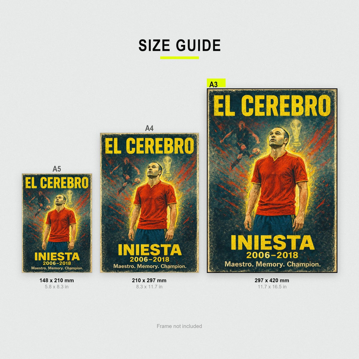 Andrés Iniesta Vintage Football Art Print size guide showing A3, A4 and A5