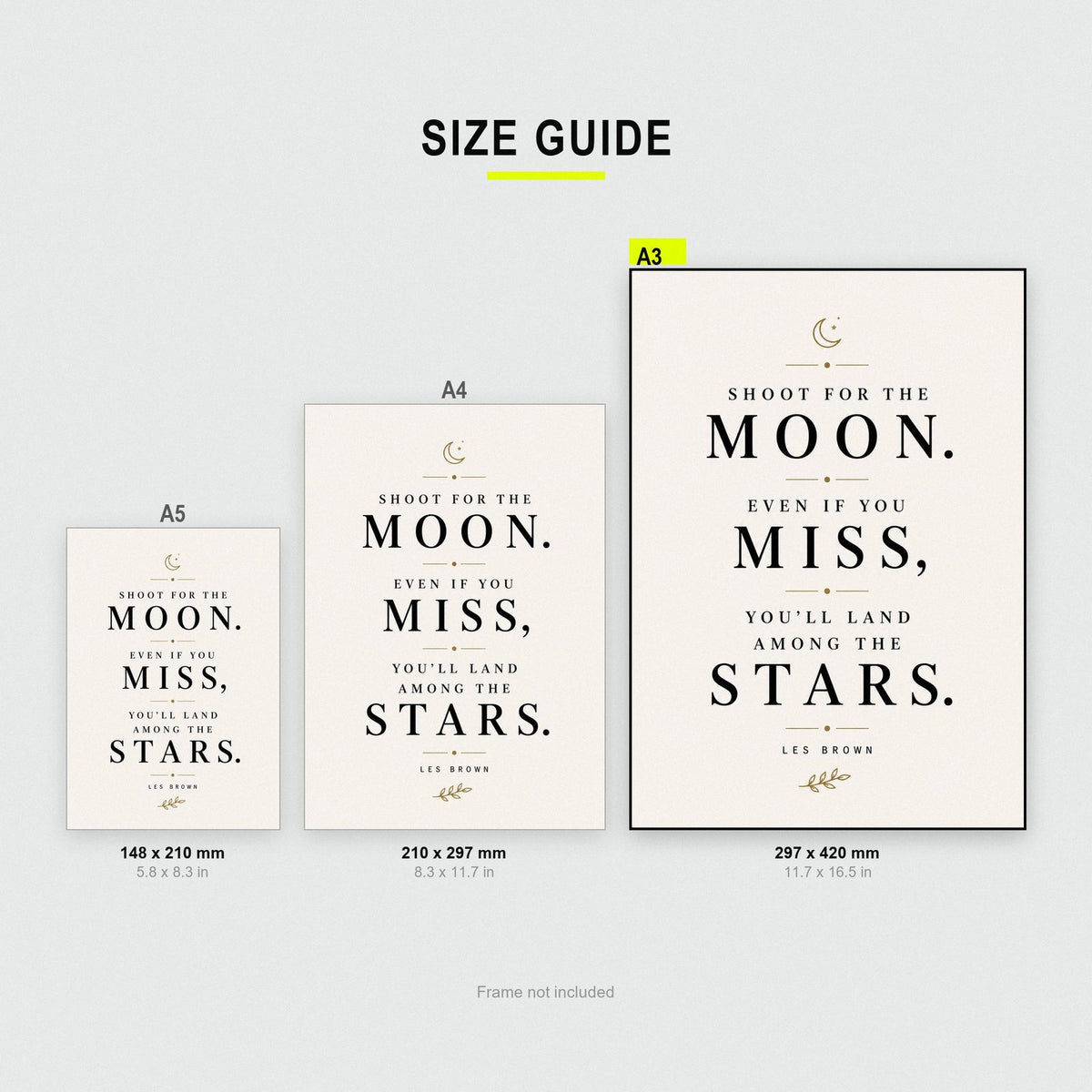 Les Brown Quote Print size guide showing A3, A4 and A5