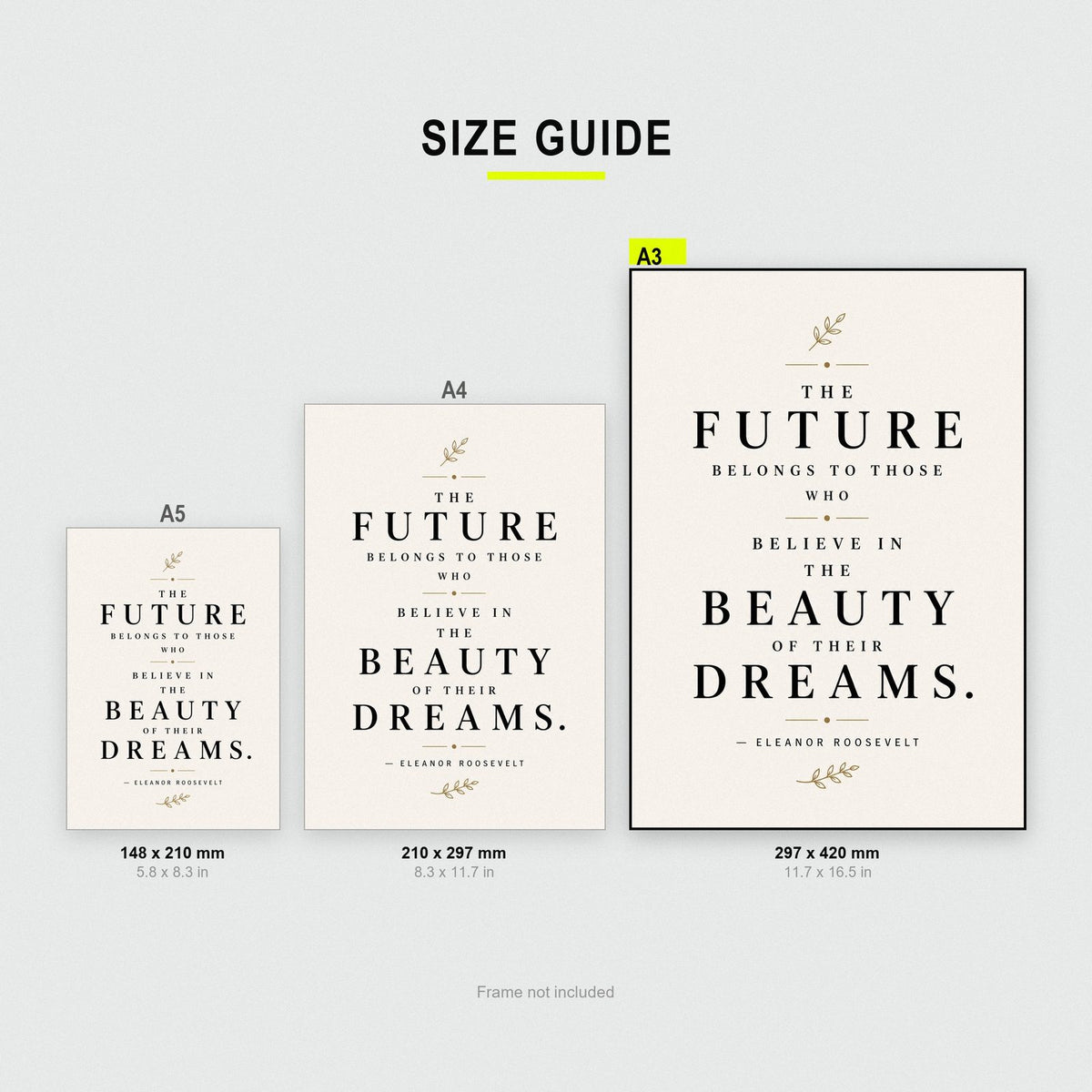 Eleanor Roosevelt Quote Print size guide showing A3, A4 and A5