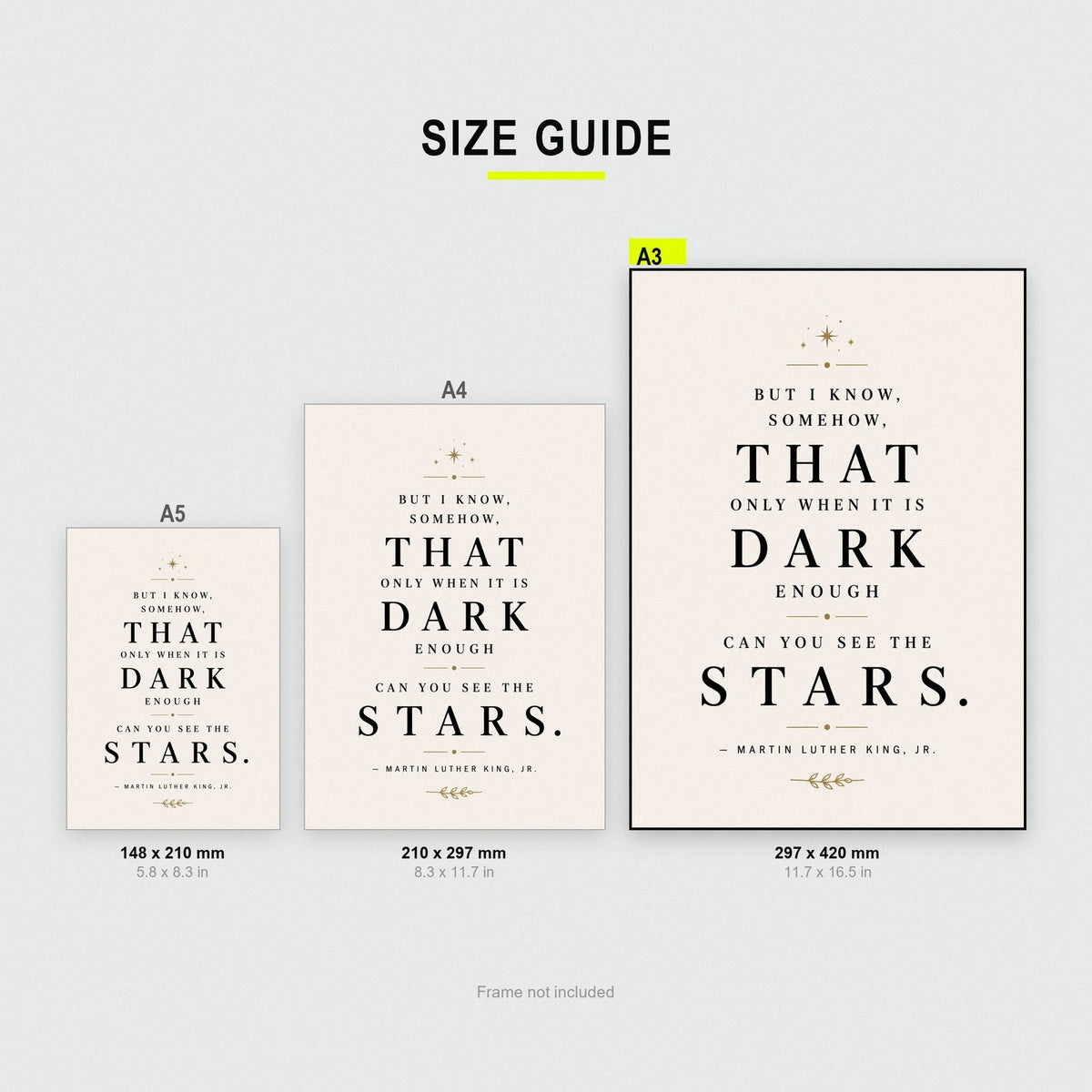 Martin Luther King Stars Quote Print size guide showing A3, A4 and A5