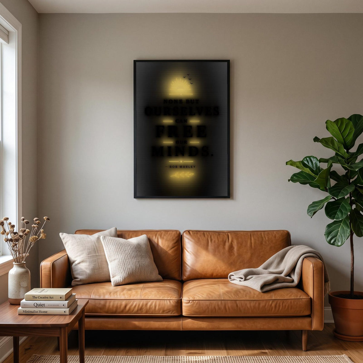 Bob Marley Quote Print hanging on a living room wall