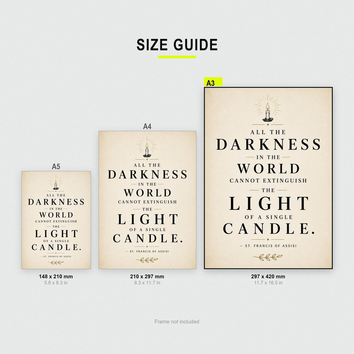 St Francis of Assisi Quote Print size guide showing A3, A4 and A5