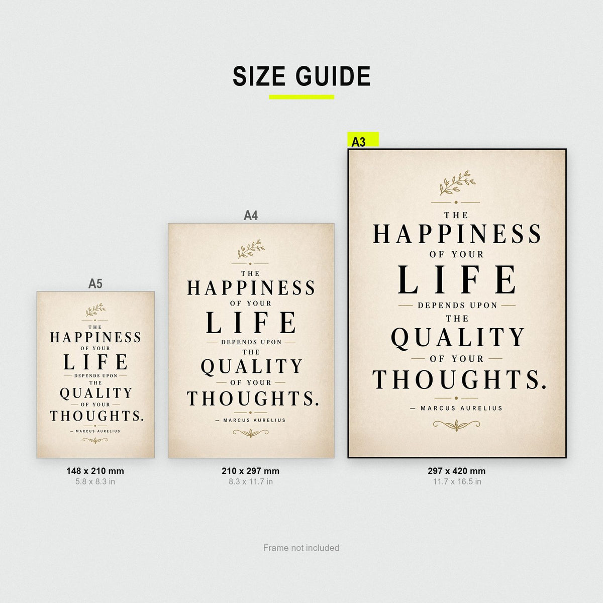 Marcus Aurelius Quote Print size guide showing A3, A4 and A5
