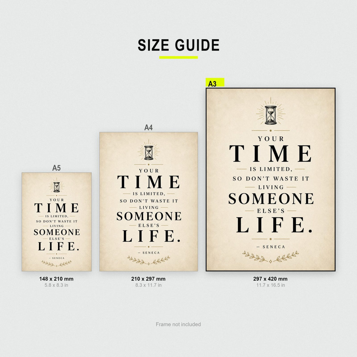 Seneca Quote Print size guide showing A3, A4 and A5