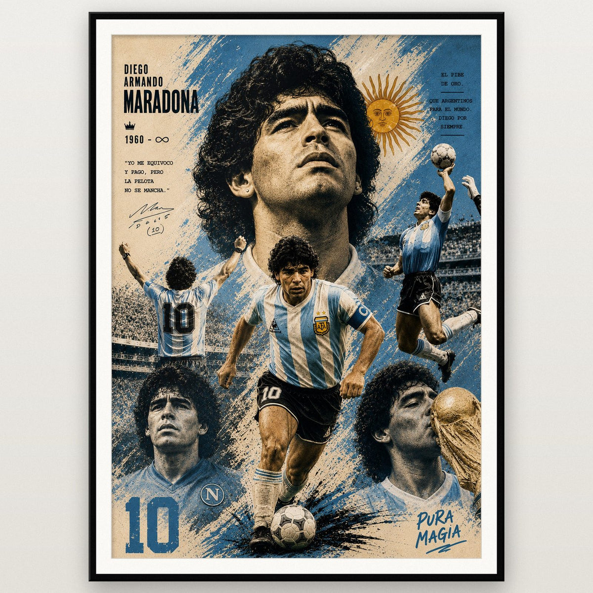 Diego Maradona Vintage Football Poster shown in a black frame
