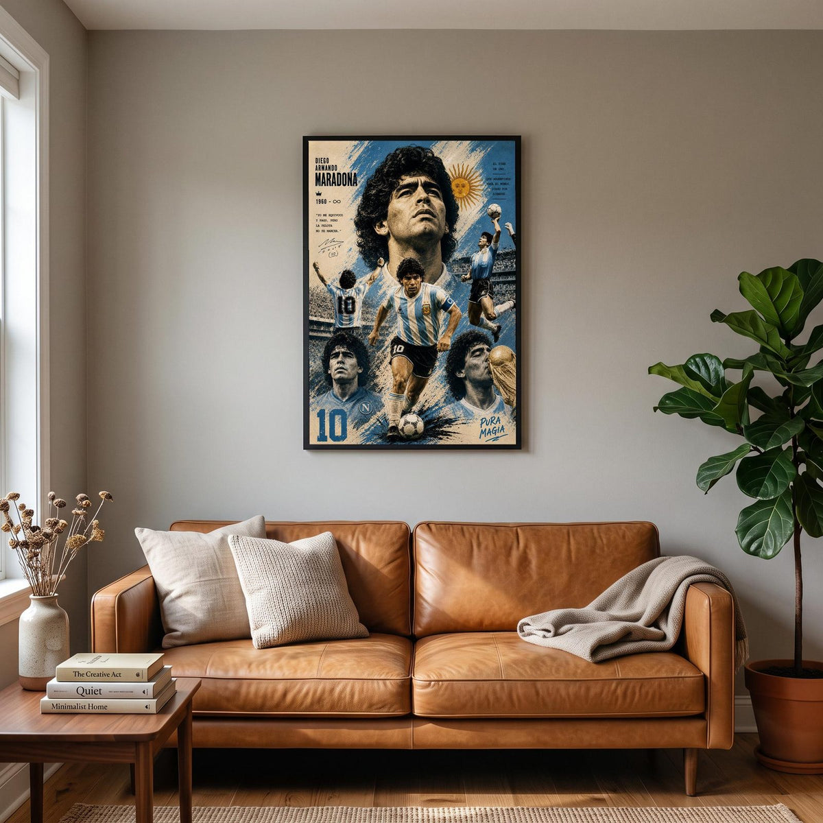 Diego Maradona Vintage Football Poster hanging on a living room wall