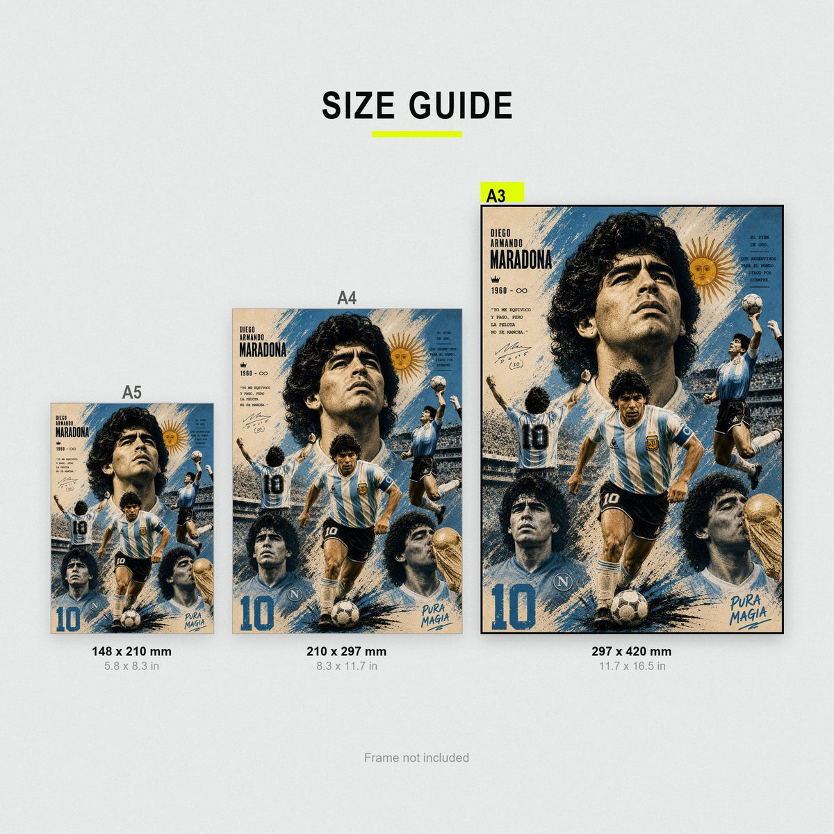 Diego Maradona Vintage Football Poster size guide showing A3, A4 and A5