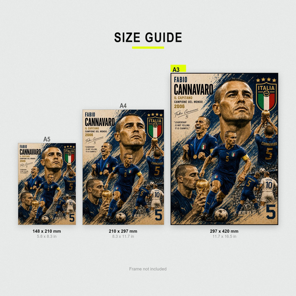 Fabio Cannavaro Italy Football Print size guide showing A3, A4 and A5