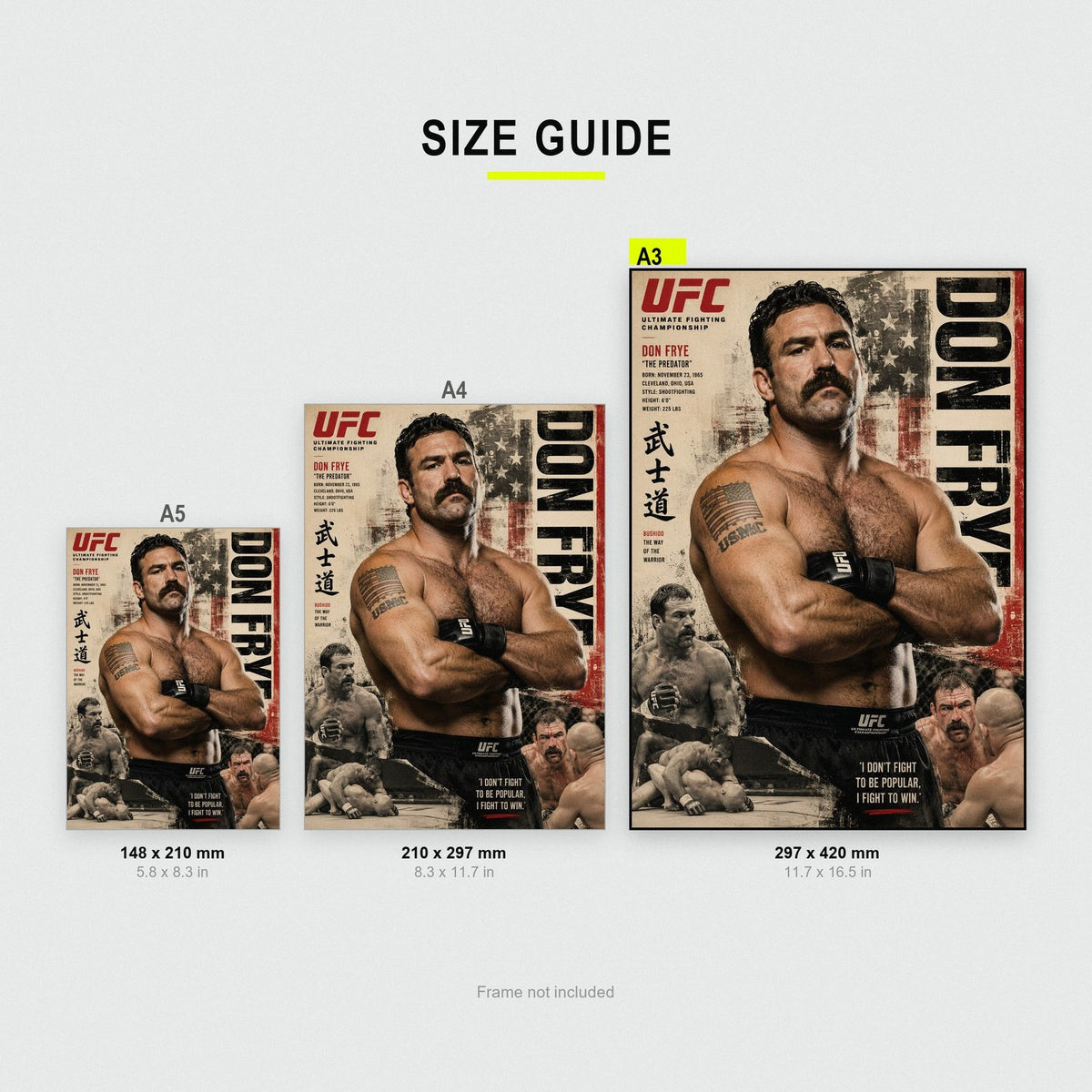 Don Frye UFC Poster size guide showing A3, A4 and A5