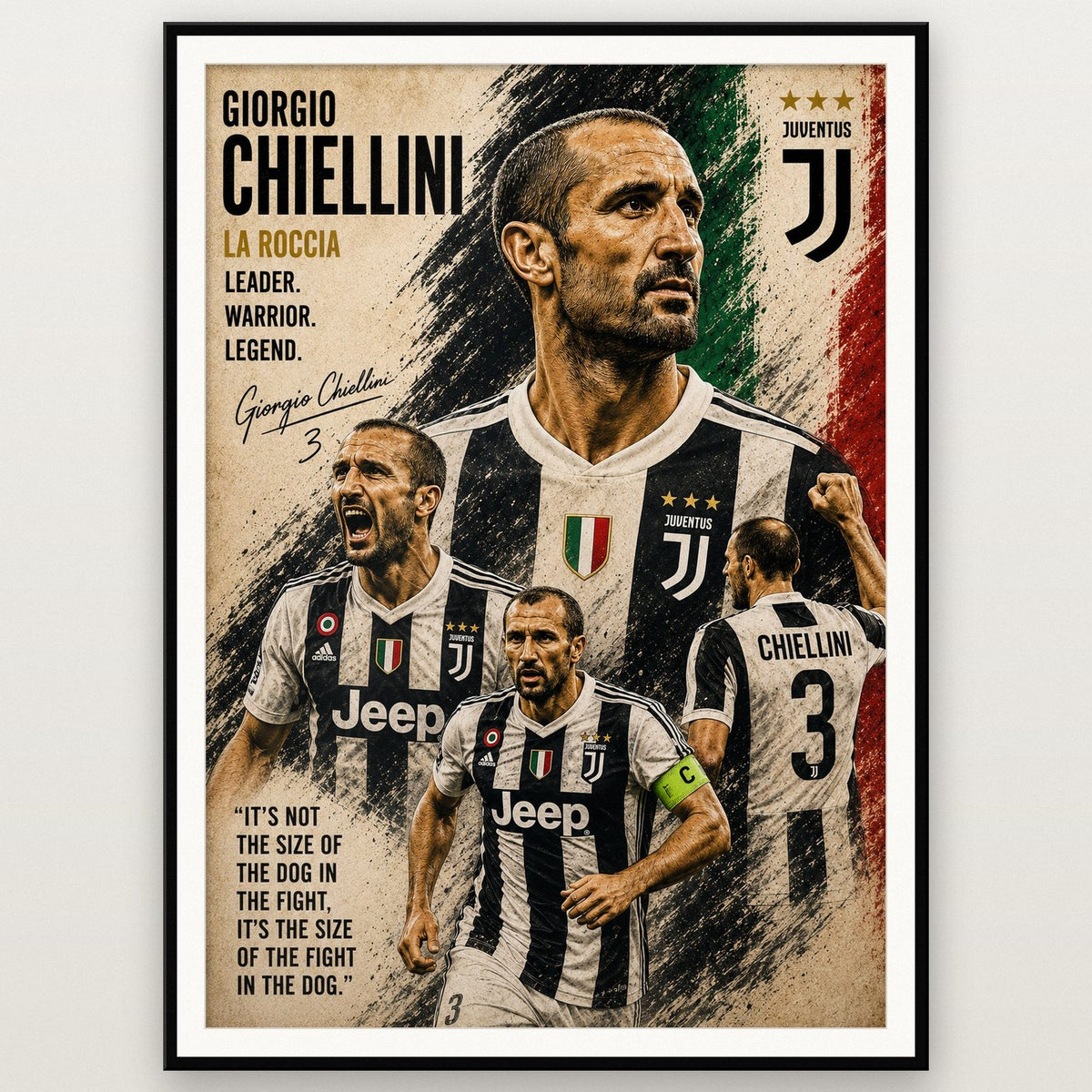 Giorgio Chiellini Juventus Legend Poster shown in a black frame