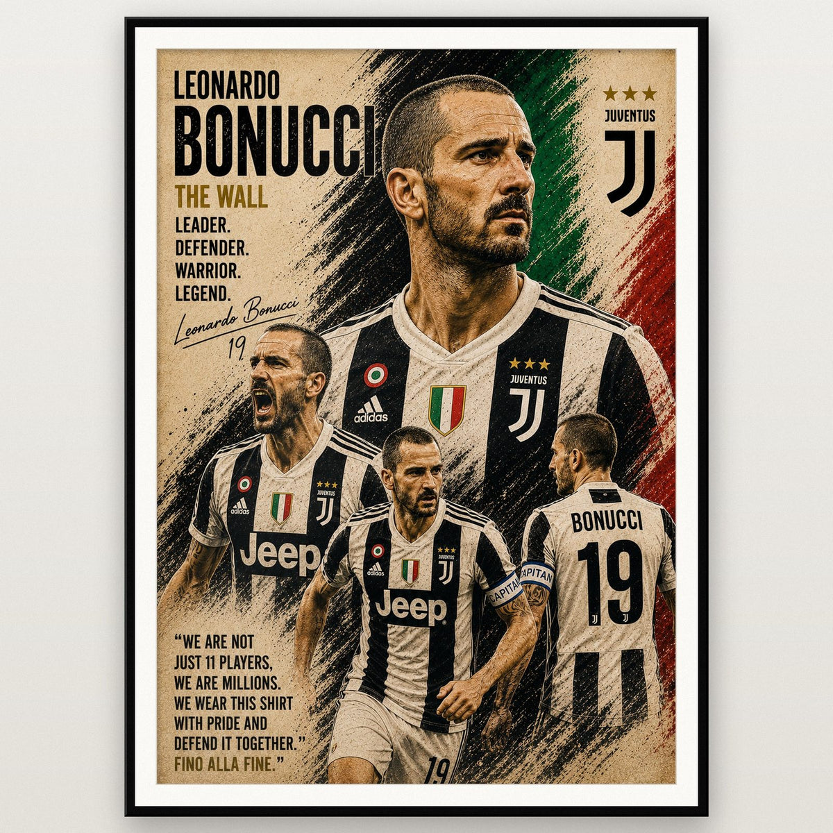 Leonardo Bonucci Juventus Legend Print shown in a black frame