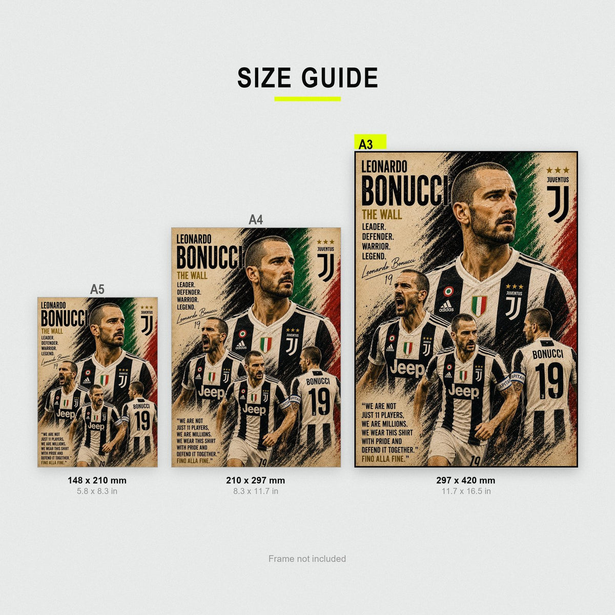 Leonardo Bonucci Juventus Legend Print size guide showing A3, A4 and A5