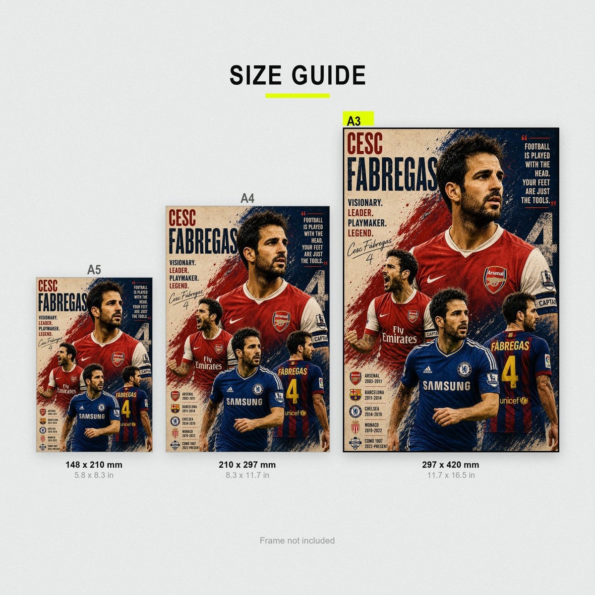 Cesc Fabregas Football Legend Print size guide showing A3, A4 and A5
