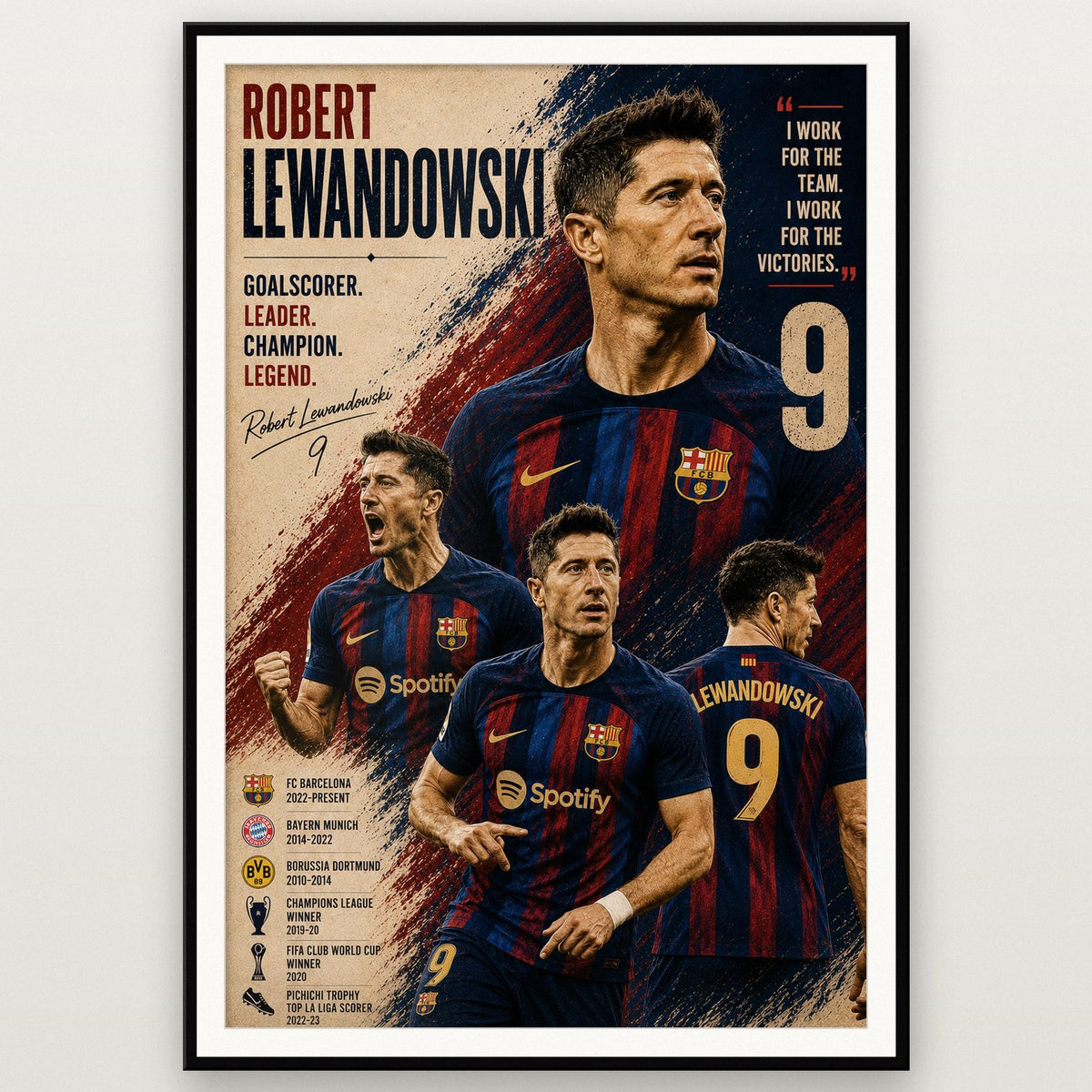 Robert Lewandowski Barcelona Legend Football Print shown in a black frame