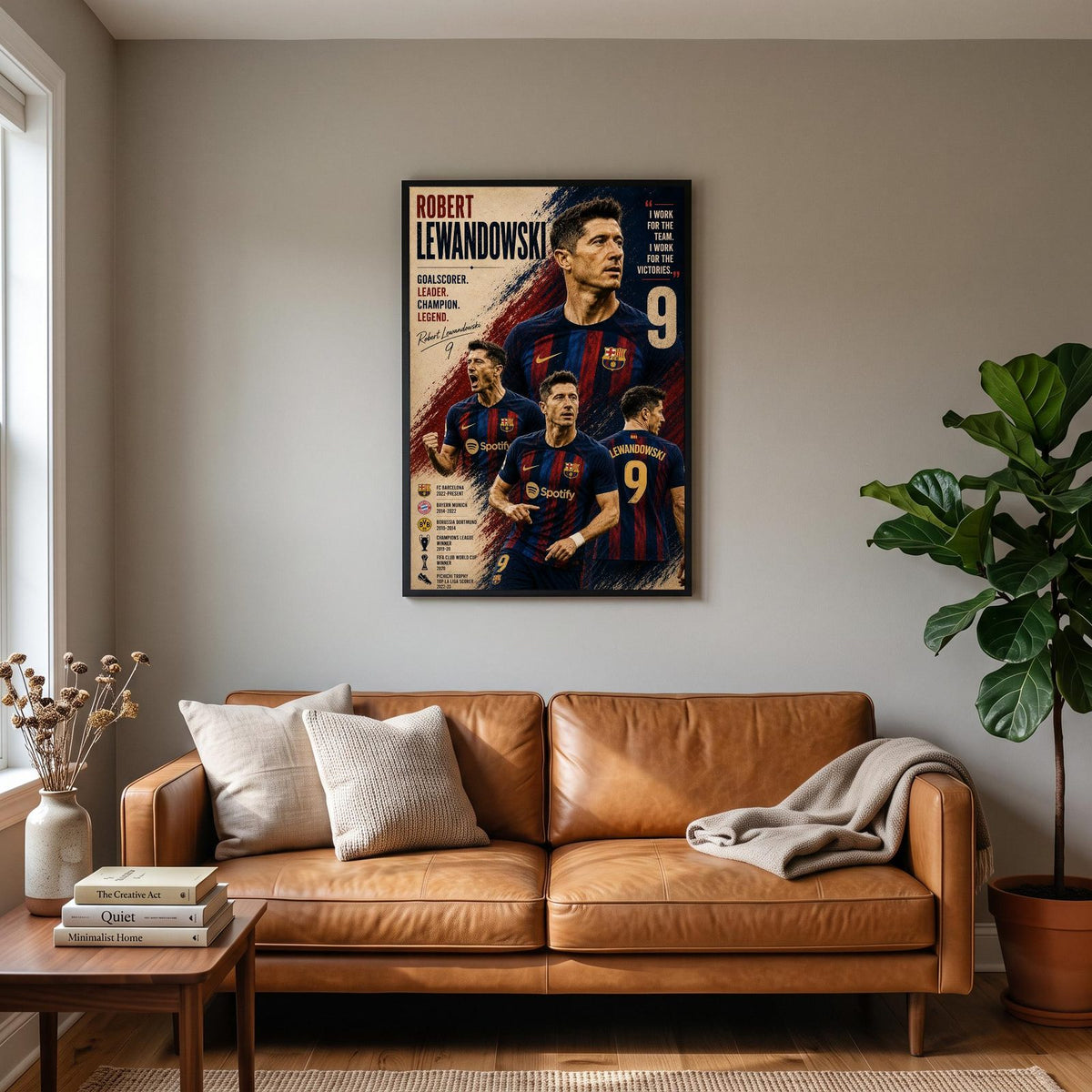Robert Lewandowski Barcelona Legend Football Print hanging on a living room wall