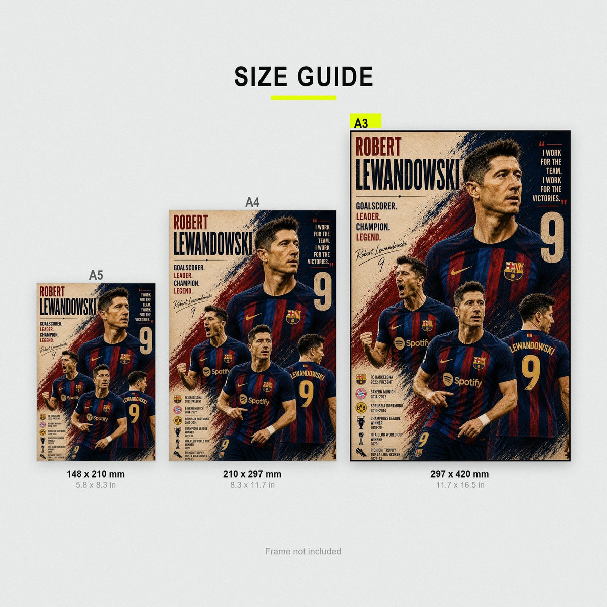 Robert Lewandowski Barcelona Legend Football Print size guide showing A3, A4 and A5