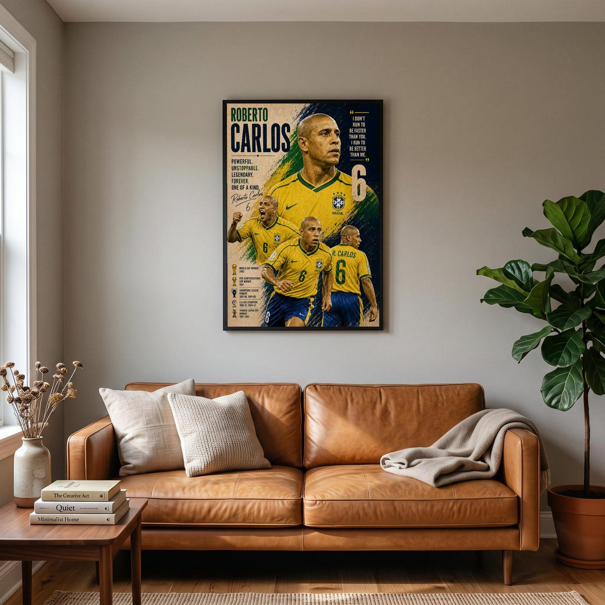 Roberto Carlos Brazil Football Legend Poster hanging on a living room wall