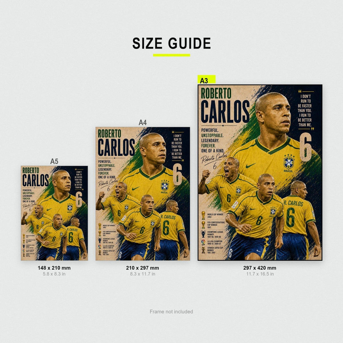 Roberto Carlos Brazil Football Legend Poster size guide showing A3, A4 and A5