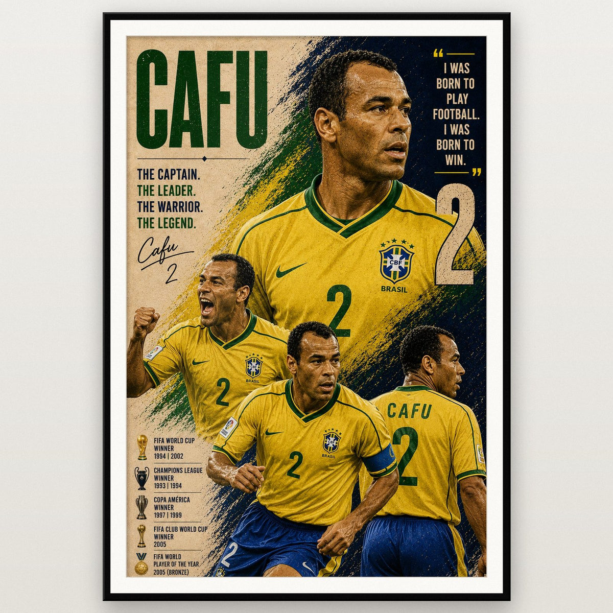 Cafu Brazil Legend Poster Print shown in a black frame