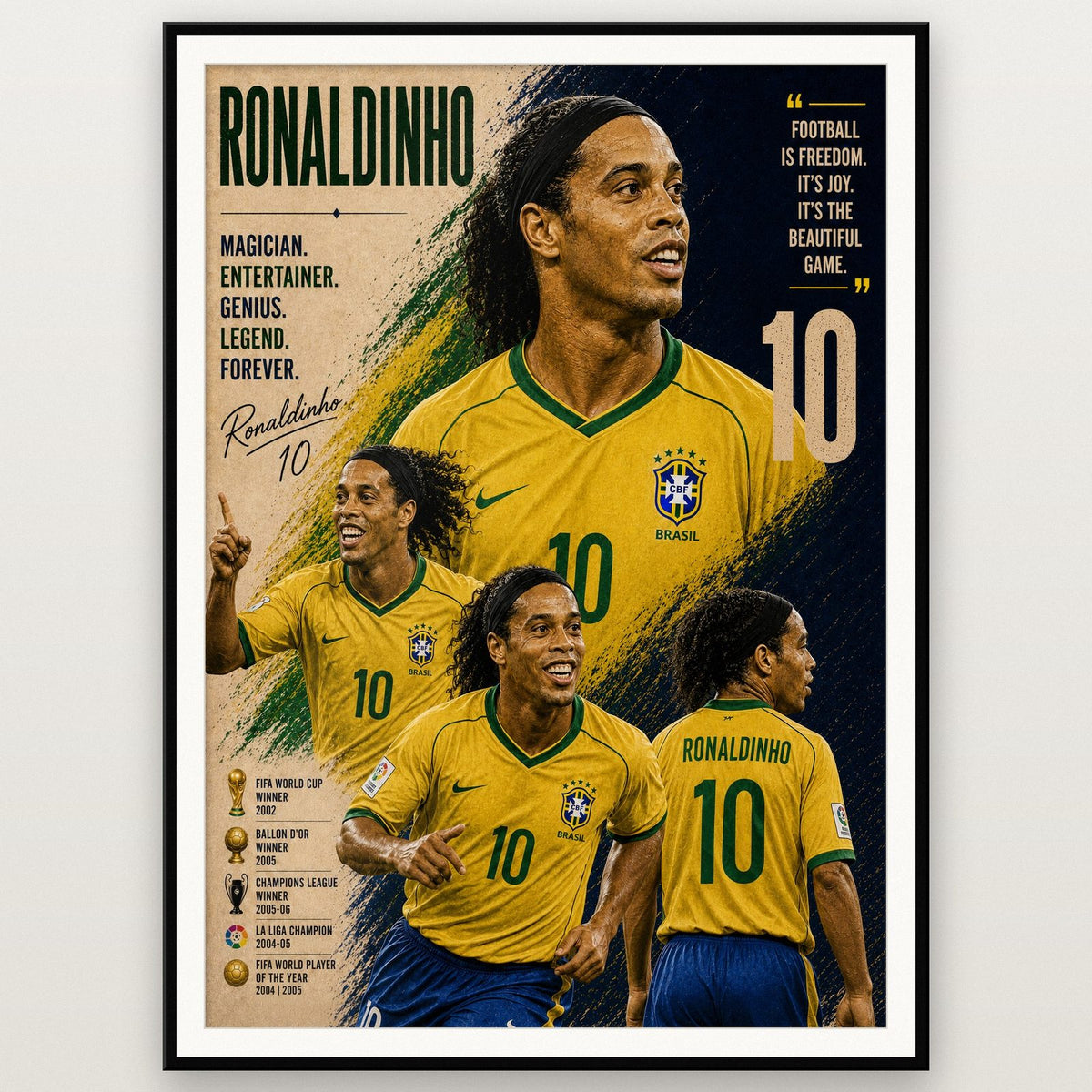 Ronaldinho Brazil Legend Poster Print shown in a black frame