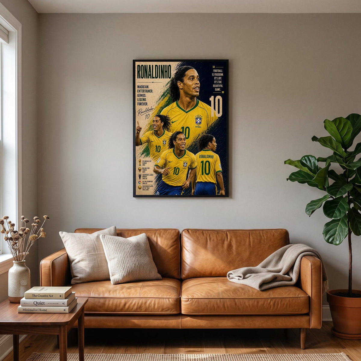 Ronaldinho Brazil Legend Poster Print hanging on a living room wall