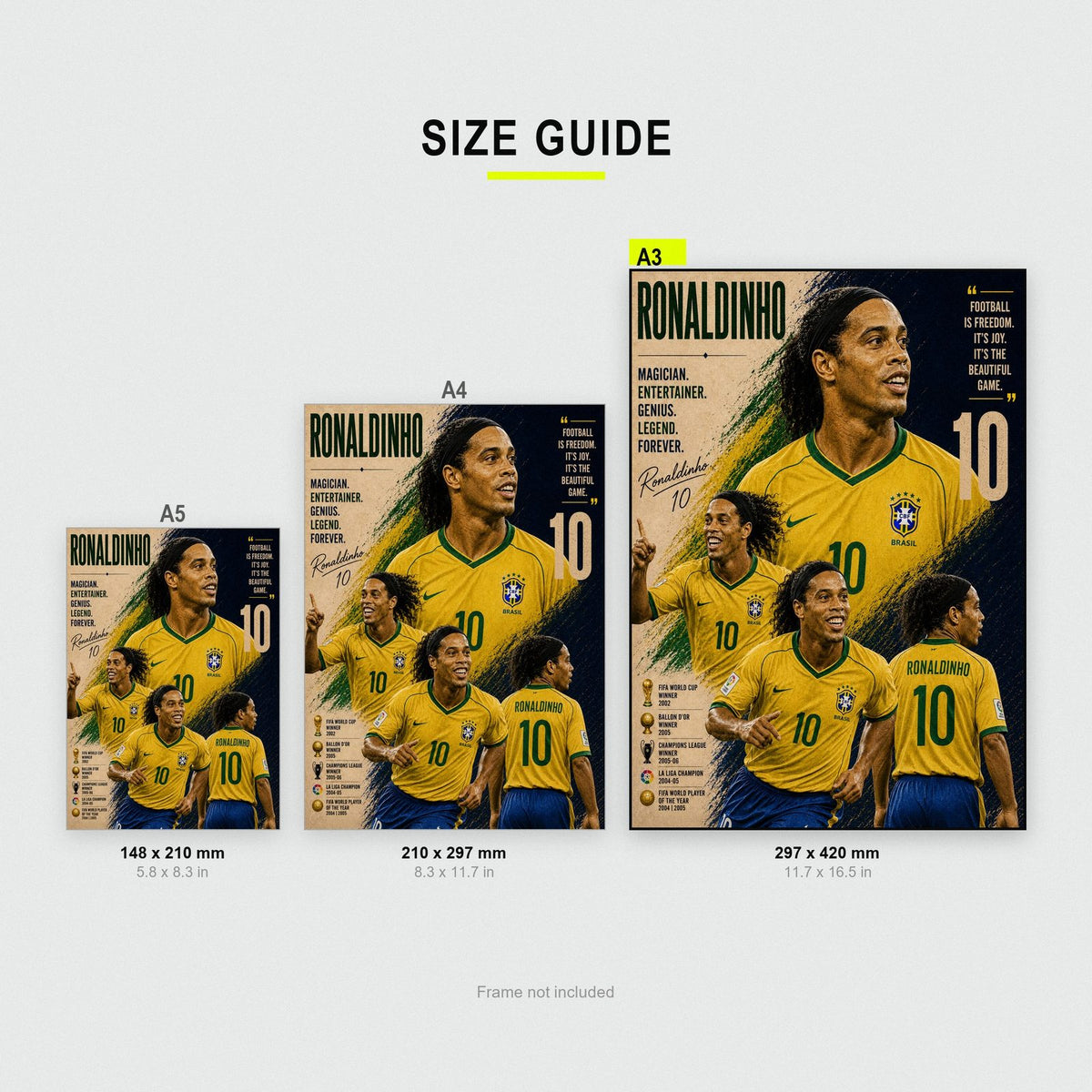 Ronaldinho Brazil Legend Poster Print size guide showing A3, A4 and A5