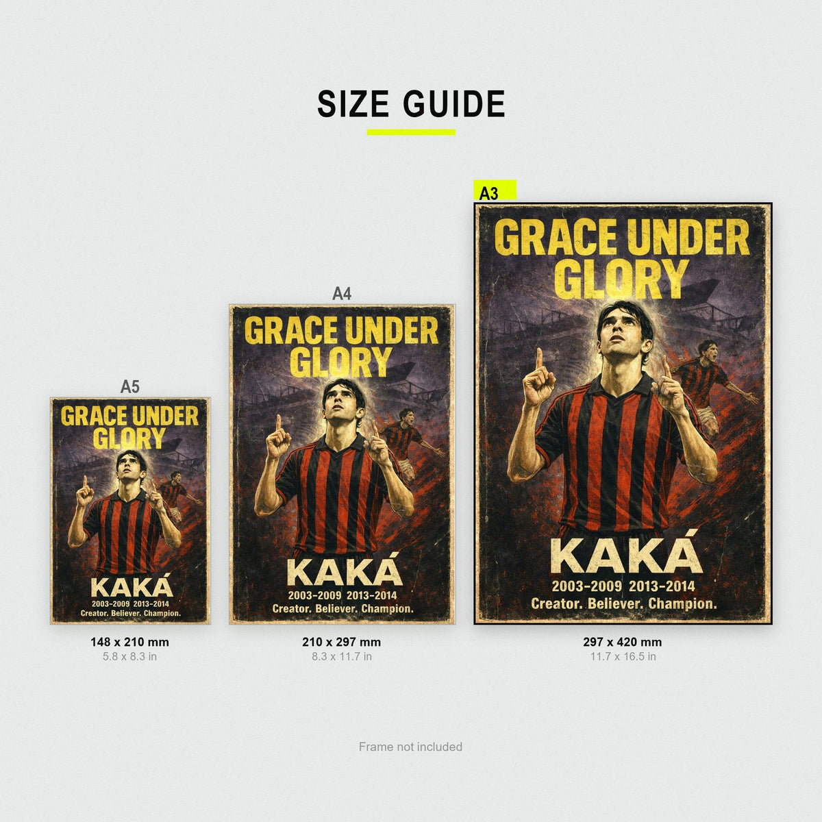 Kaká Football Legend Poster size guide showing A3, A4 and A5