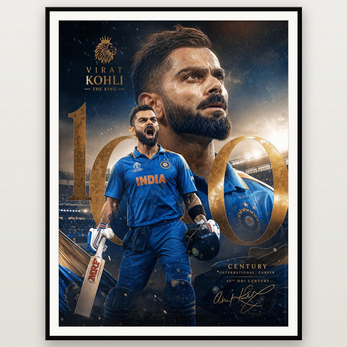 Virat Kohli 100 Centuries Cricket Print shown in a black frame