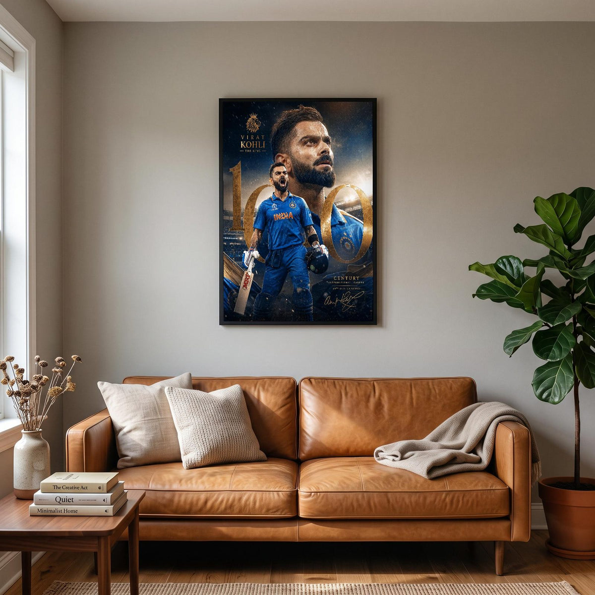 Virat Kohli 100 Centuries Cricket Print hanging on a living room wall