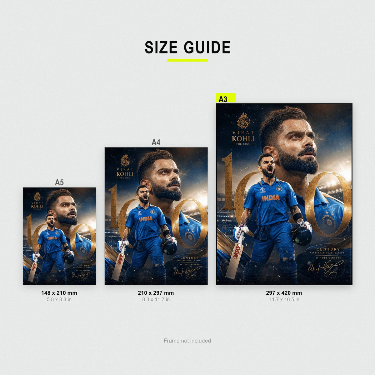 Virat Kohli 100 Centuries Cricket Print size guide showing A3, A4 and A5