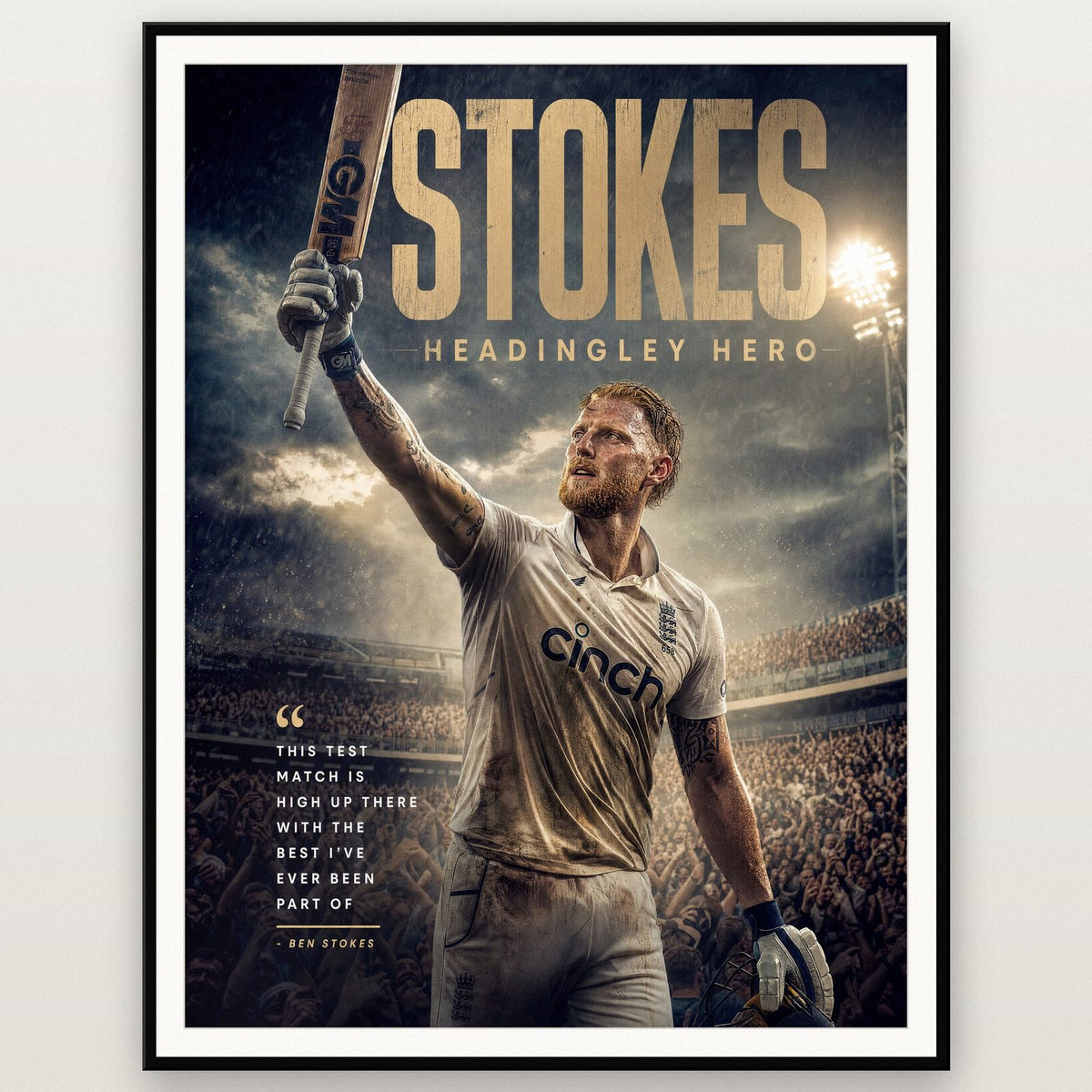 Ben Stokes Headingley Hero Cricket Print shown in a black frame
