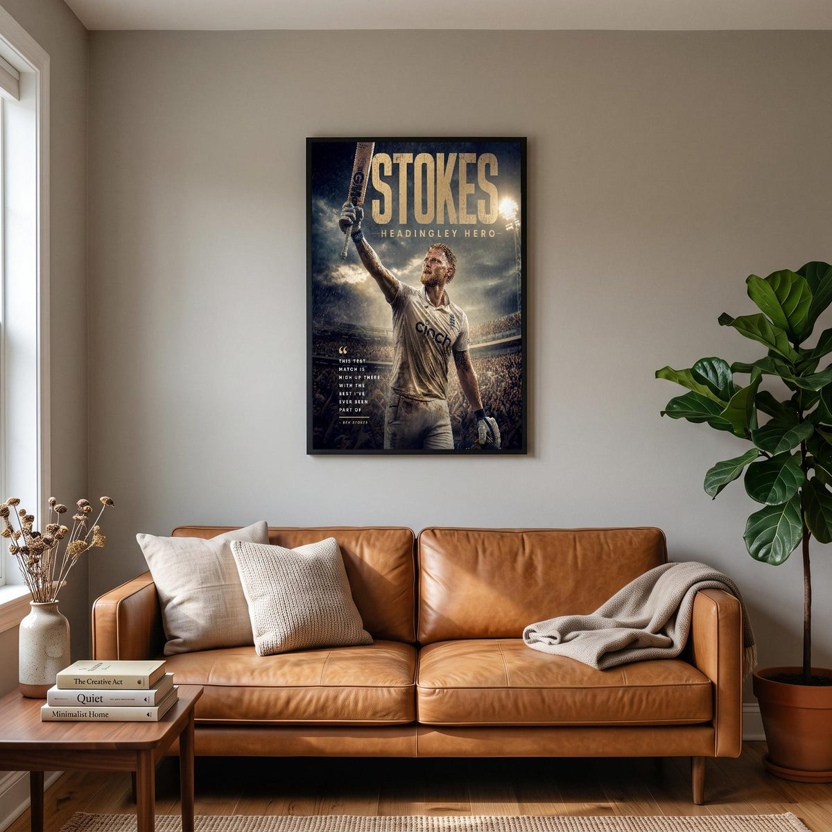 Ben Stokes Headingley Hero Cricket Print hanging on a living room wall