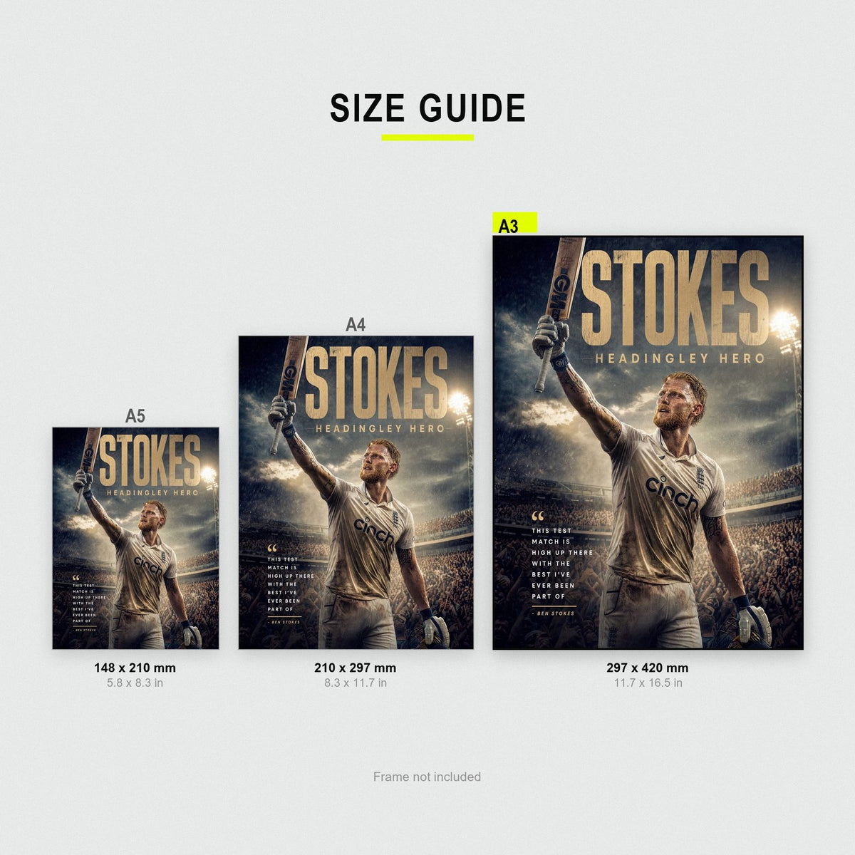 Ben Stokes Headingley Hero Cricket Print size guide showing A3, A4 and A5
