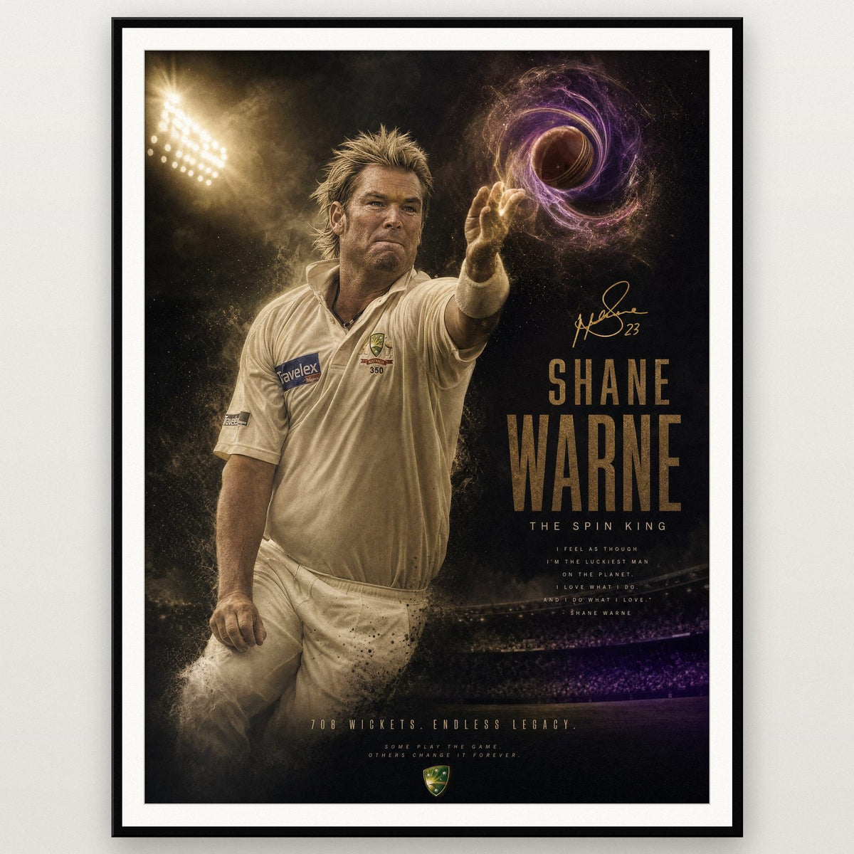 Shane Warne Spin King Cricket Print shown in a black frame