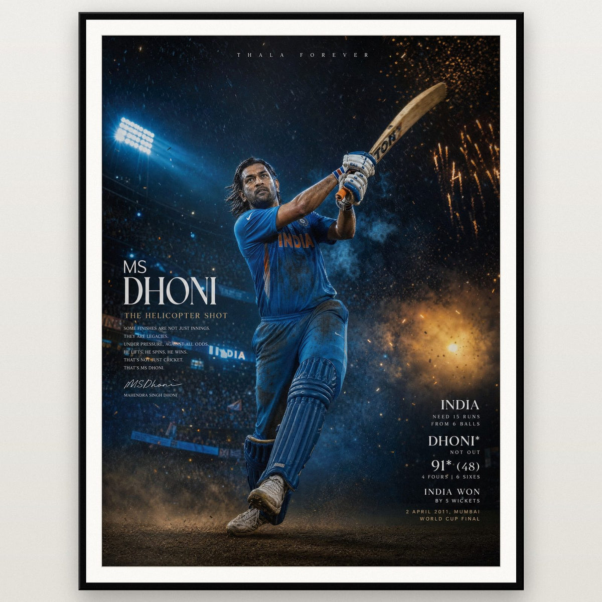 MS Dhoni Helicopter Shot Print shown in a black frame