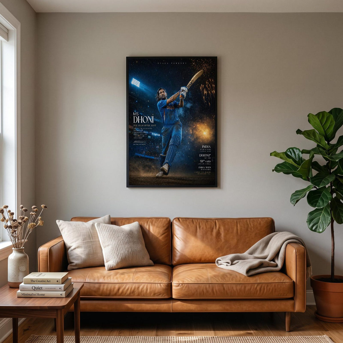 MS Dhoni Helicopter Shot Print hanging on a living room wall