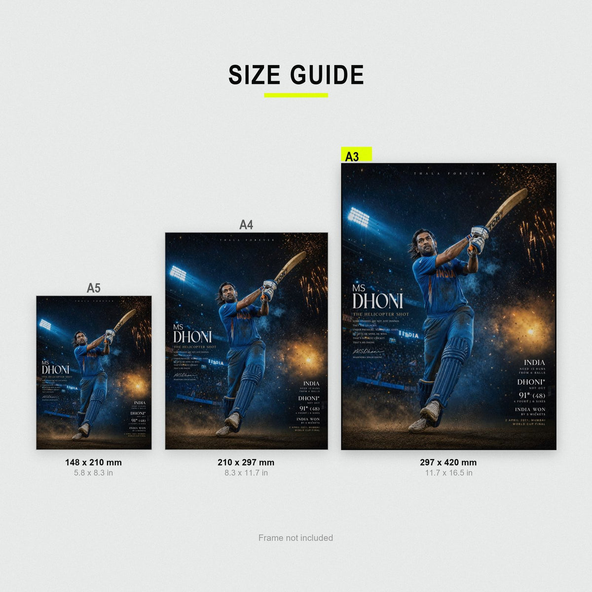 MS Dhoni Helicopter Shot Print size guide showing A3, A4 and A5