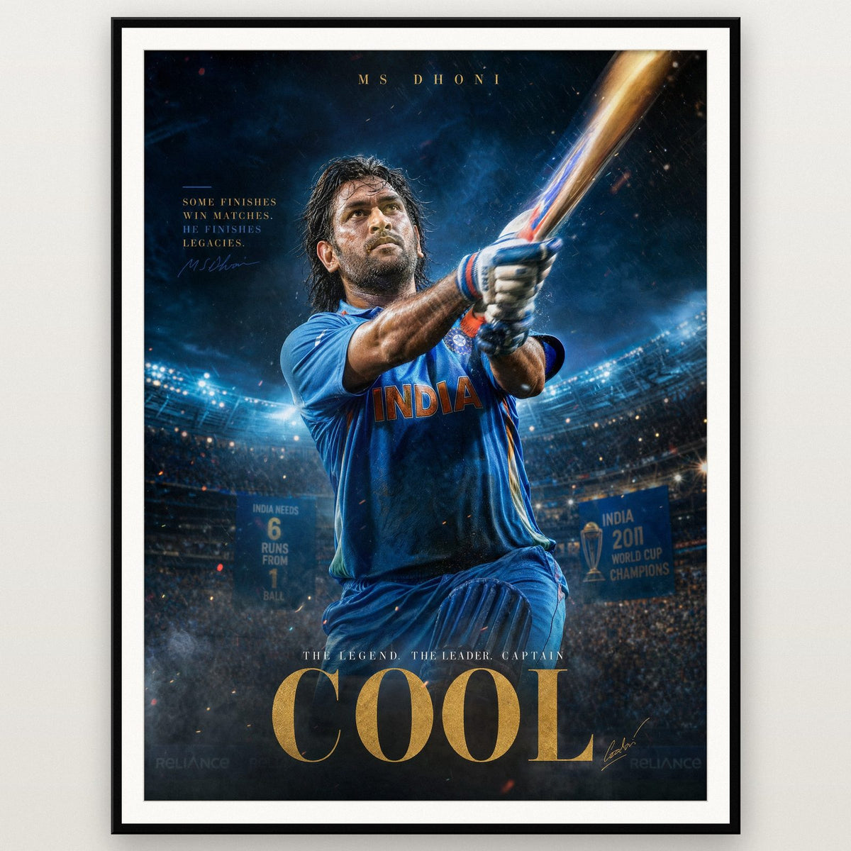 MS Dhoni Captain Print shown in a black frame